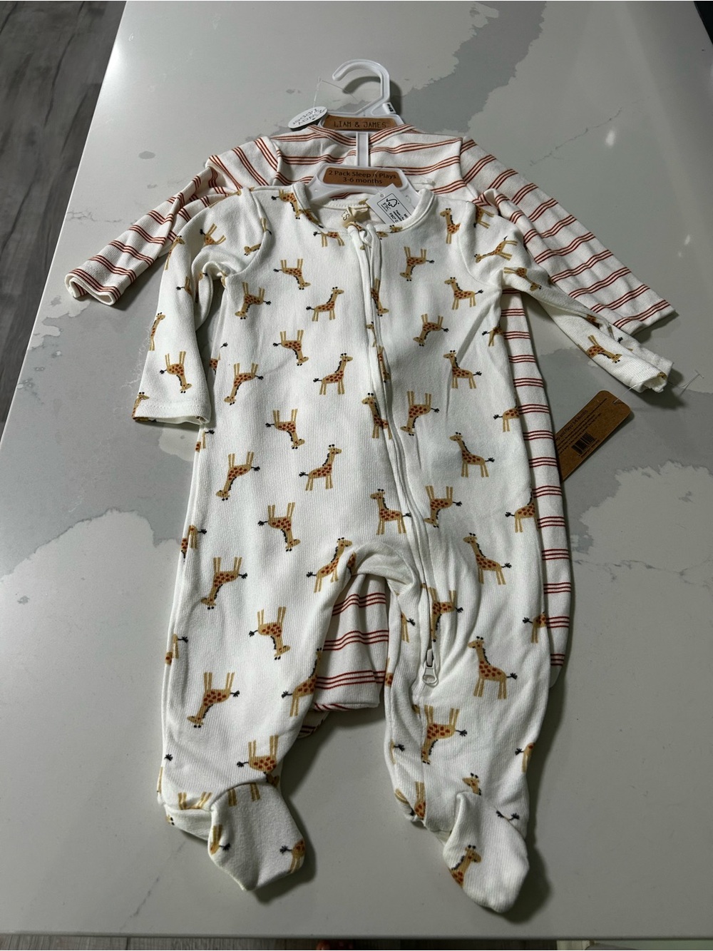 White Footed Baby One-Piece Set with Giraffe Print and Rust Stripes